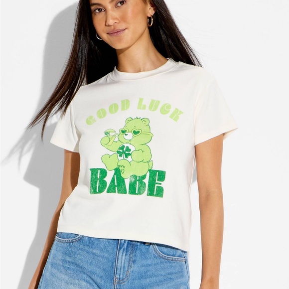 Care Bears Good Luck Bear☘️🐻Shrunken Baby Style Tee New! - Picture 2 of 6